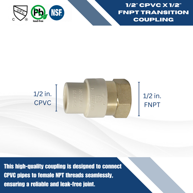 1/2 Inch CPVC x 1/2 Inch FNPT Transition Coupling