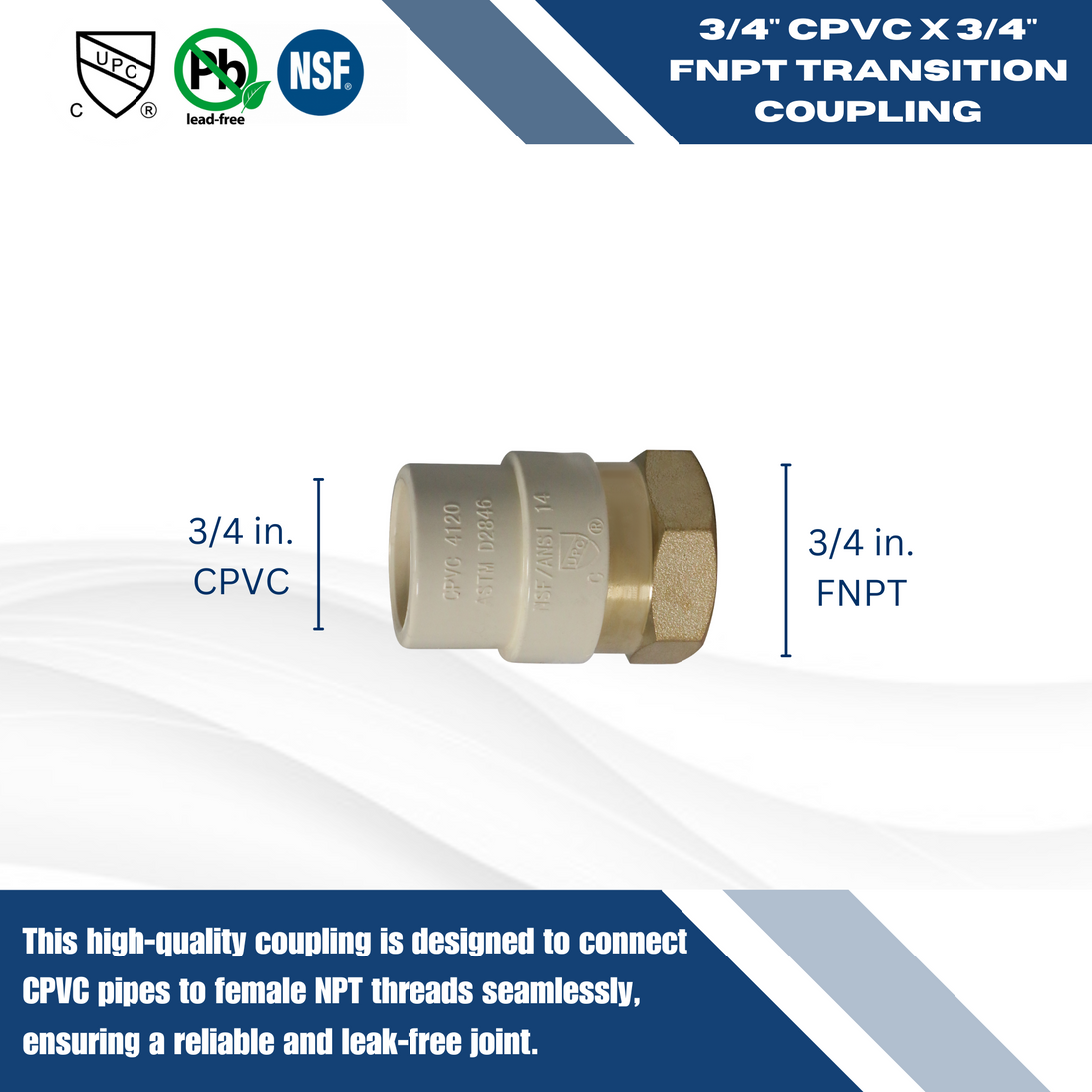 CPVC Transition Coupling | 3/4 Inch CPVC x 3/4 Inch FNPT
