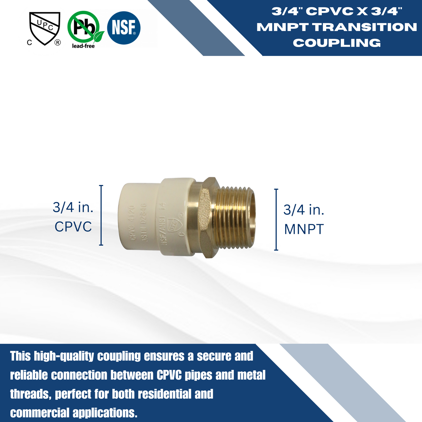 3/4 Inch CPVC X 3/4 Inch MNPT Transition Coupling