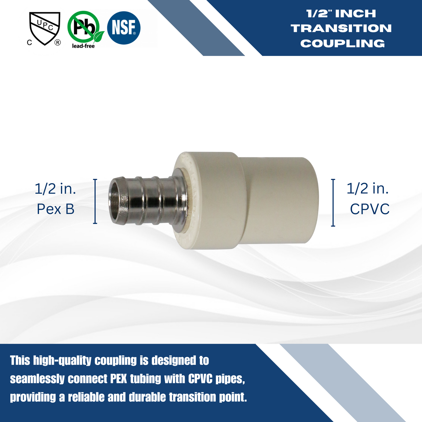 1/2 Inch PEX-B Barb X 1/2 Inch CPVC Transition Coupling