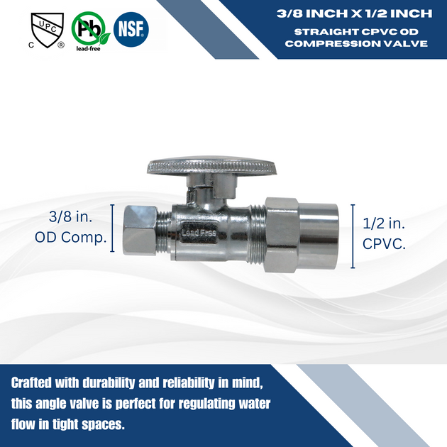 1/2 Inch CPVC x 3/8 Inch OD Compression Straight Valve