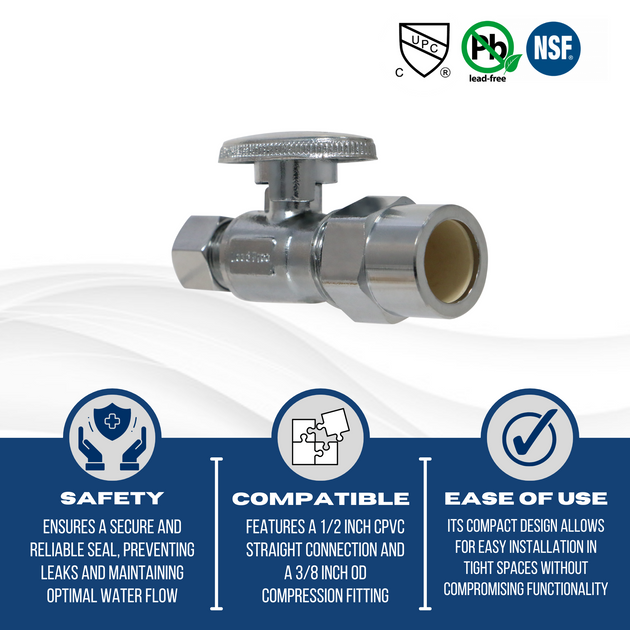 1/2 Inch CPVC x 3/8 Inch OD Compression Straight Valve