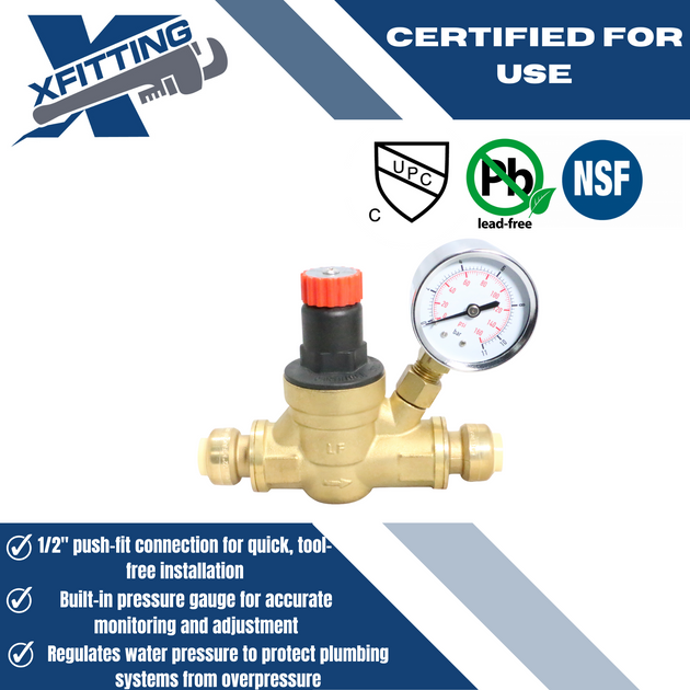 1/2 Inch Push-to-Connect Water Pressure Regulator Valve with Gauge