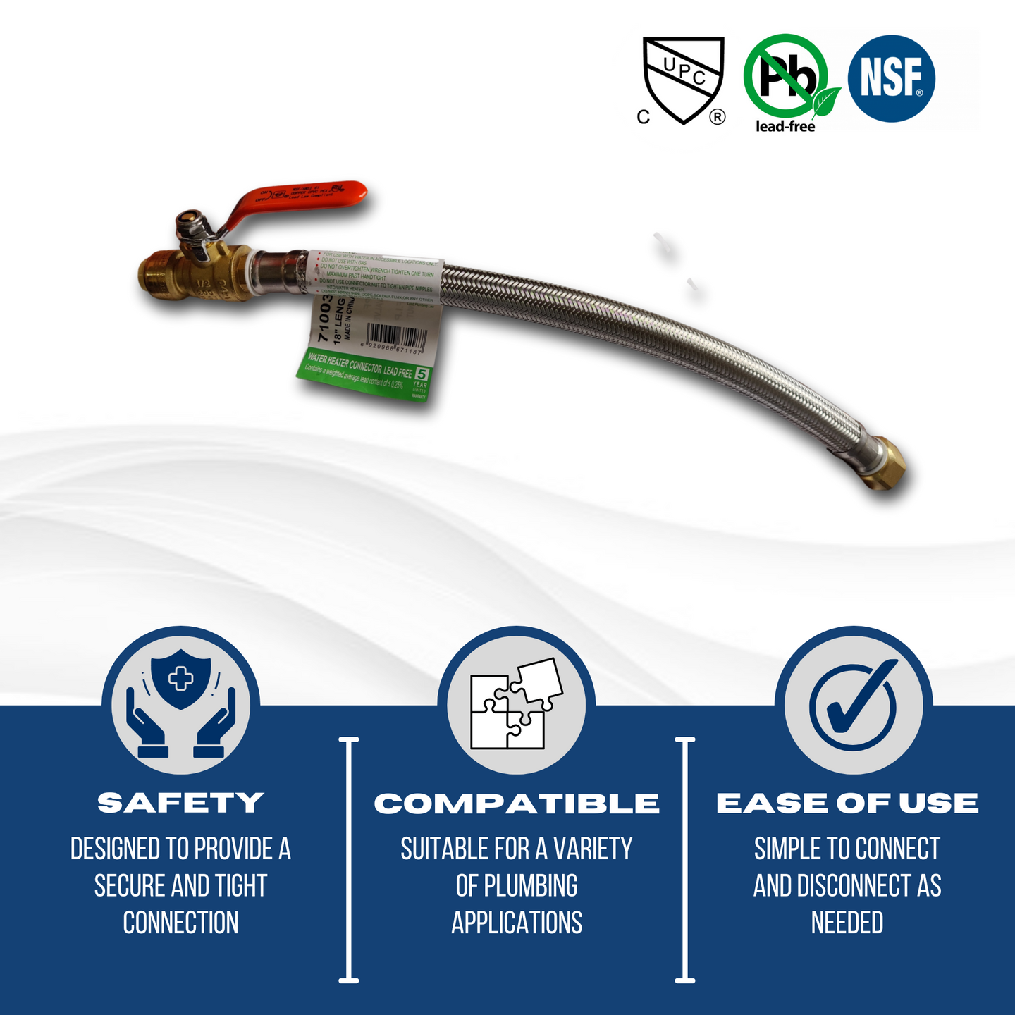 3/4 Inch FIP x 1/2 Inch Push-to-Connect Ball Valve with Flexible Hose, 18 Inch Length