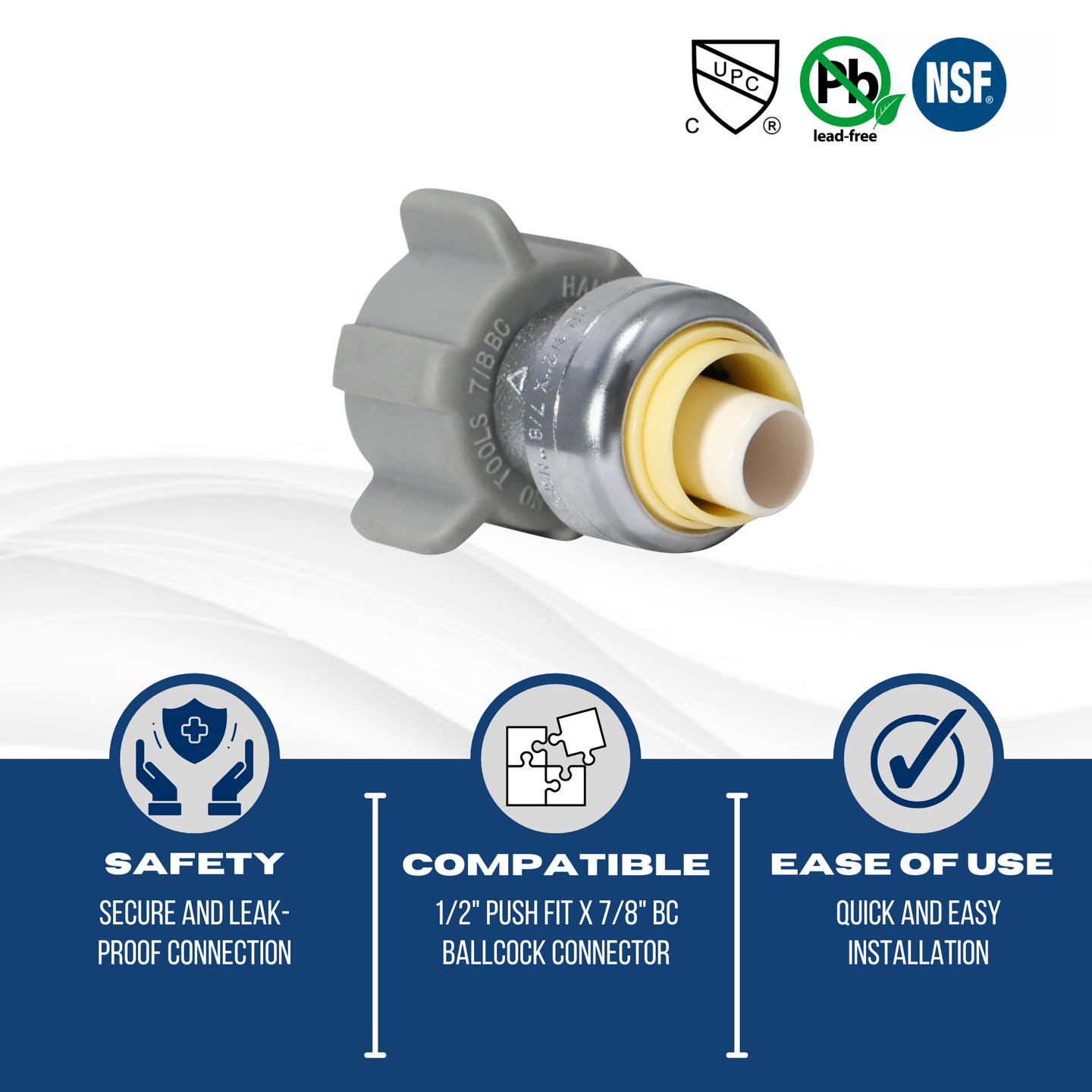 Push-to-Connect 1/2 Inch x 7/8 Inch Ballcock Toilet Adapter