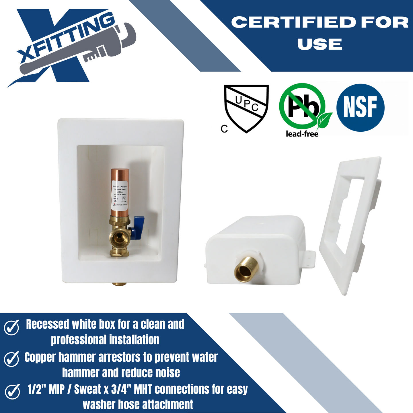 1/2 Inch MIP/Sweat x 3/4 Inch MHT, White with Hammer Arrestor Premium Washing Machine Outlet Box