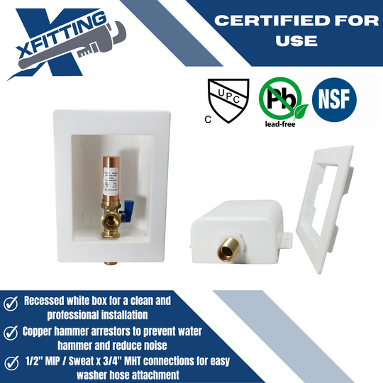1/2 Inch MIP/Sweat x 3/4 Inch MHT, White with Hammer Arrestor Premium Washing Machine Outlet Box