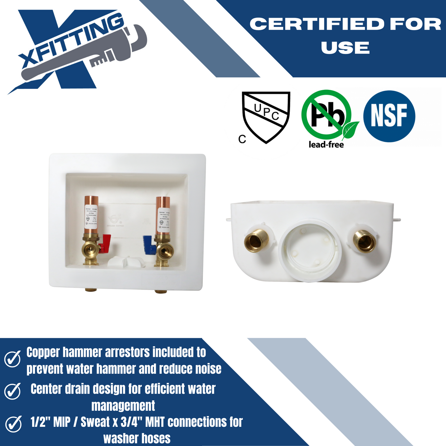 1/2 Inch MIP / Sweat x 3/4 inch MHT Premium Washing Machine Outlet Box with Center Drain