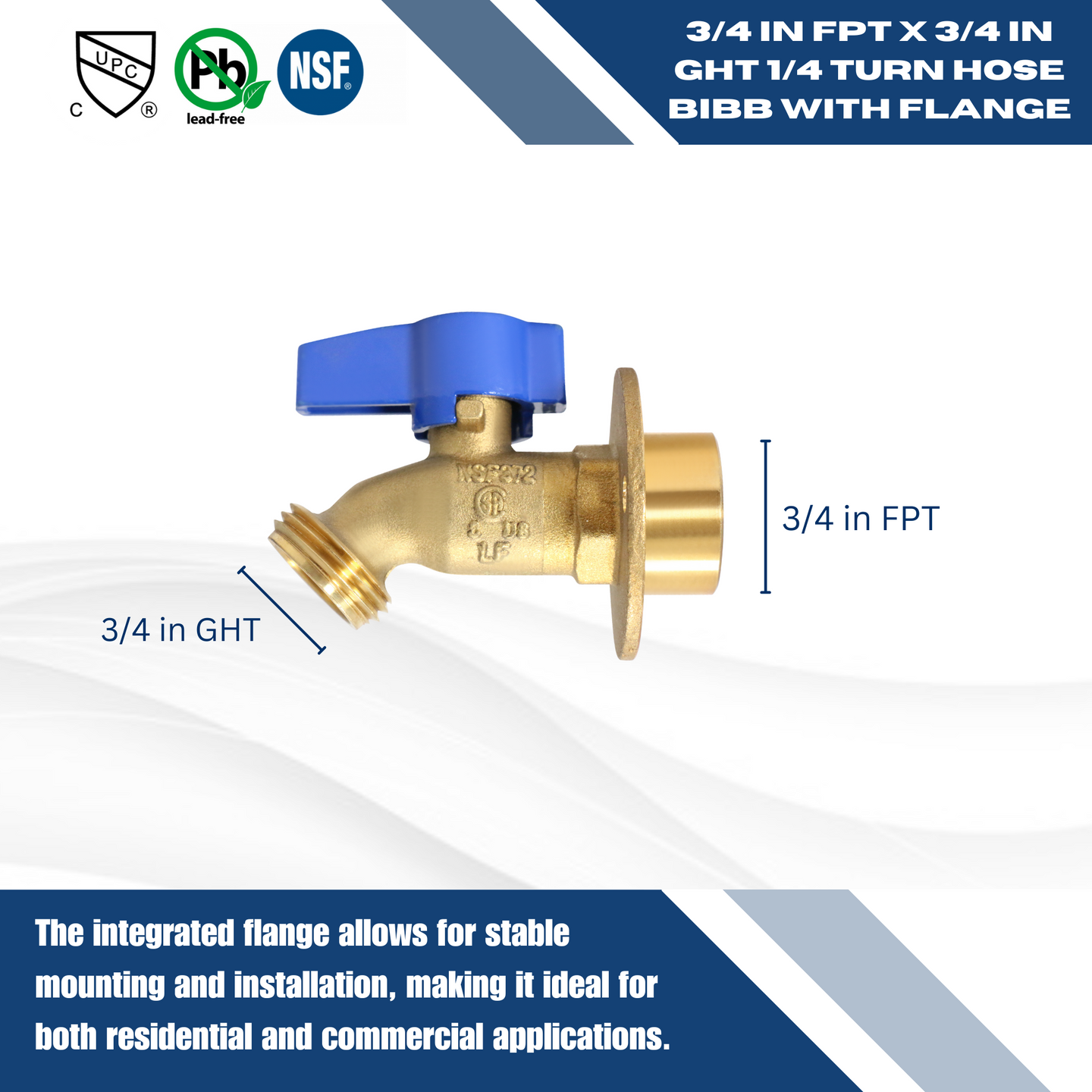 3/4 Inch FPT x 3/4 Inch GHT Hose Bibbs with Flange