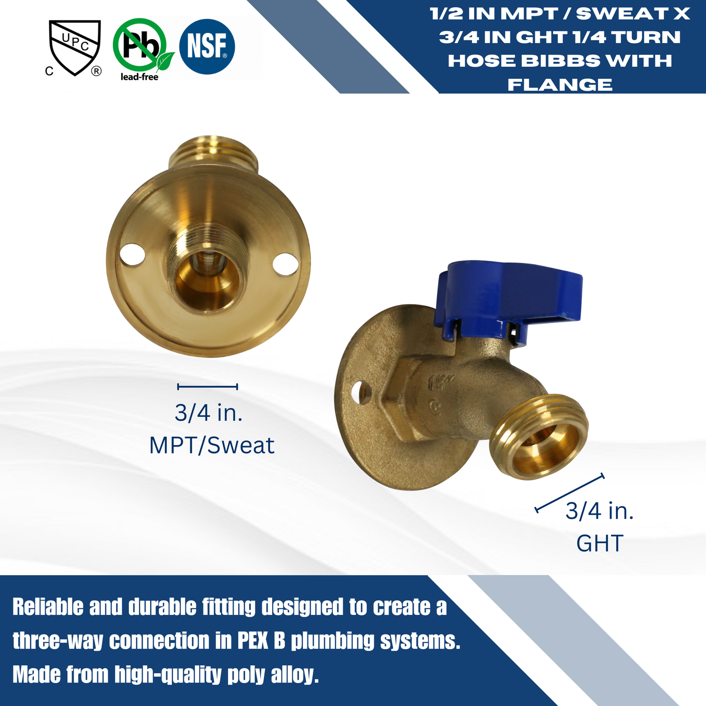 1/2 Inch Male Sweat x 3/4 Inch GHT Hose Bibbs with Flange