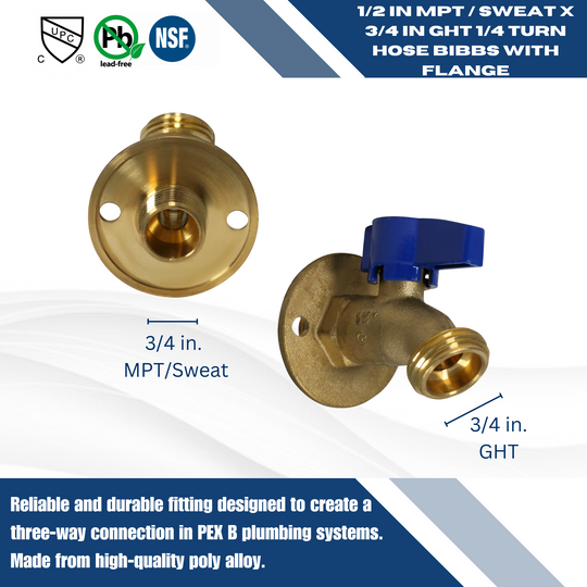 1/2 Inch Male Sweat x 3/4 Inch GHT Hose Bibbs with Flange
