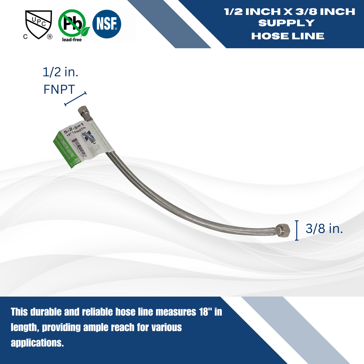 3/8 Inch Compression x 1/2 Inch FNPT Supply Hose Line, 18 Inch Long
