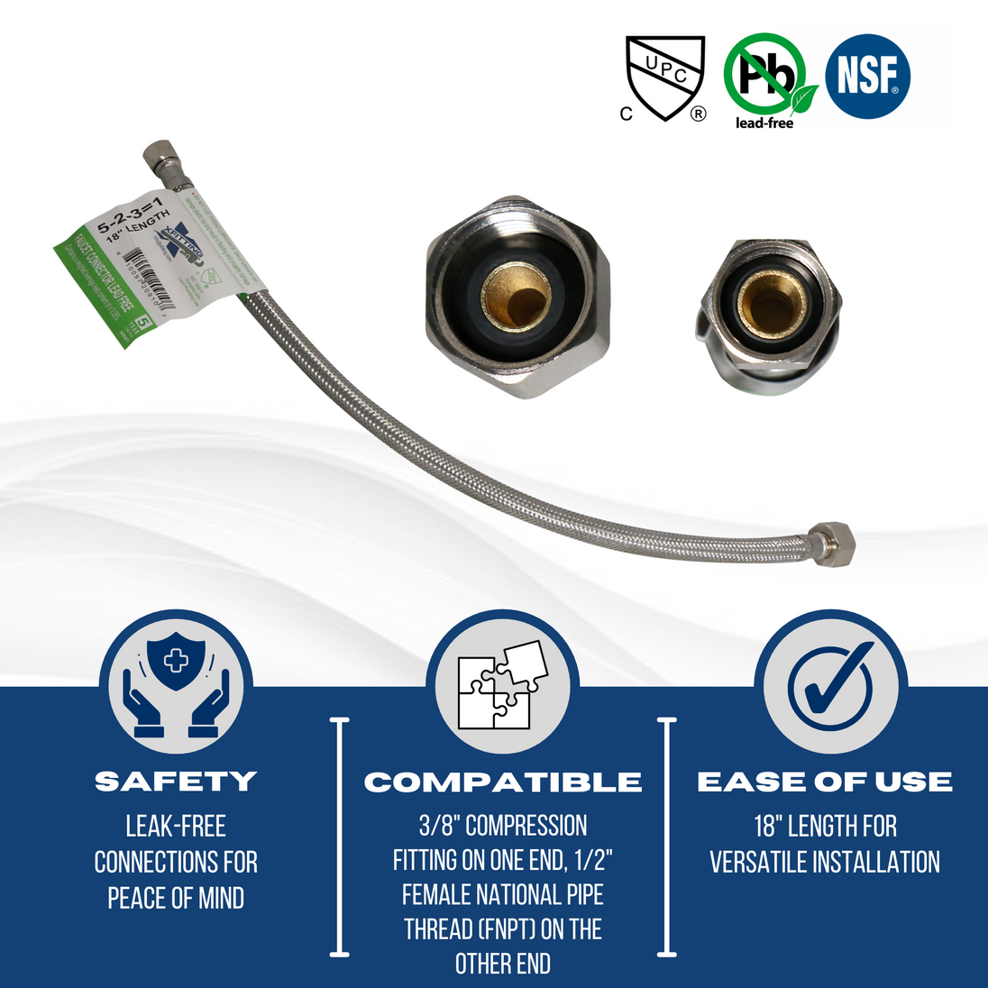 3/8 Inch Compression x 1/2 Inch FNPT Supply Hose Line, 18 Inch Long