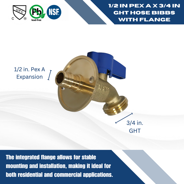 1/2 Inch Pex-A Expansion x 3/4 Inch GHT Hose Bibb Valve with Flange