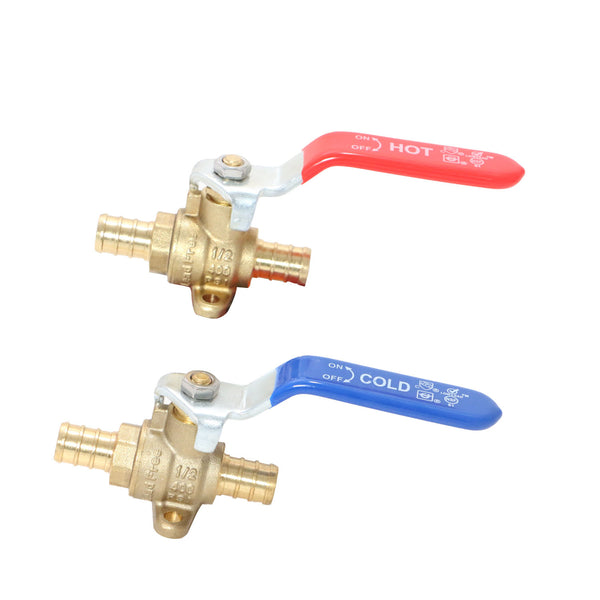 1/2 Inch PEX-B Barb Ball Valve With Drop Ear, Red and Blue