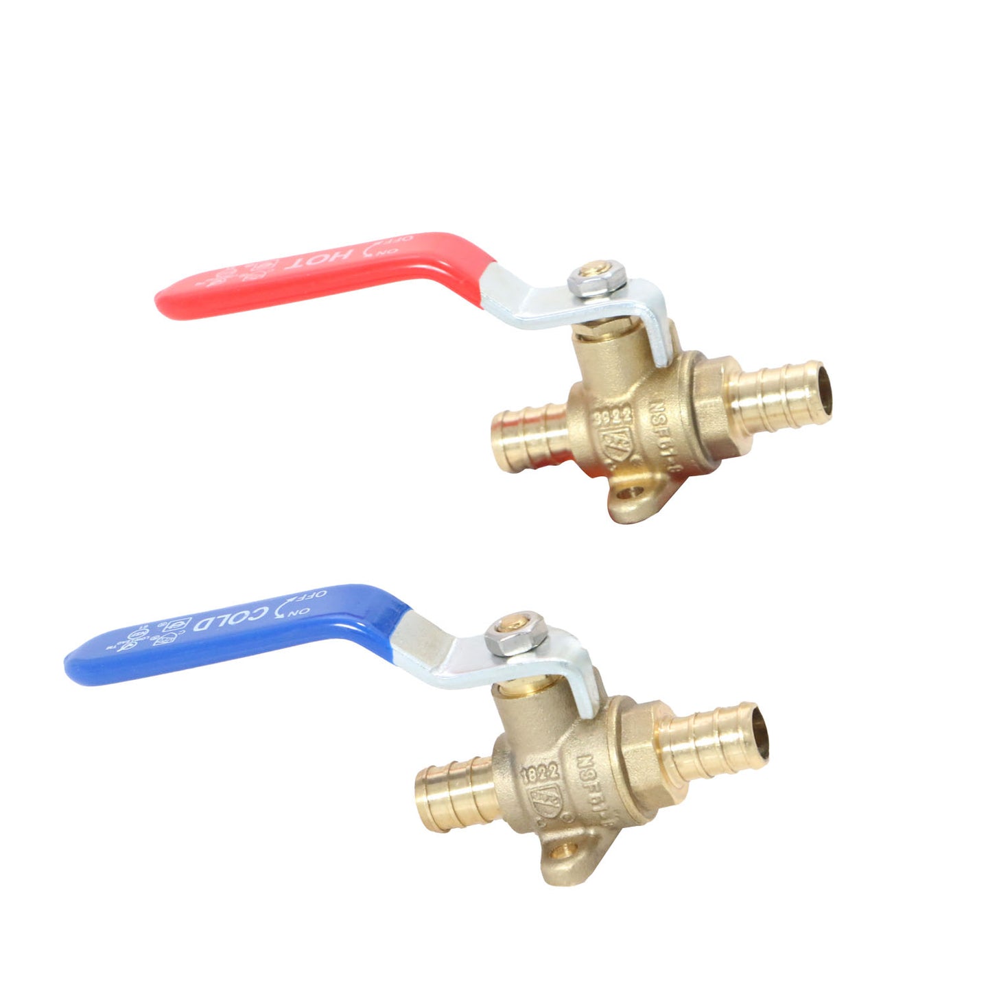 1/2 Inch PEX-B Barb Ball Valve With Drop Ear, Red and Blue