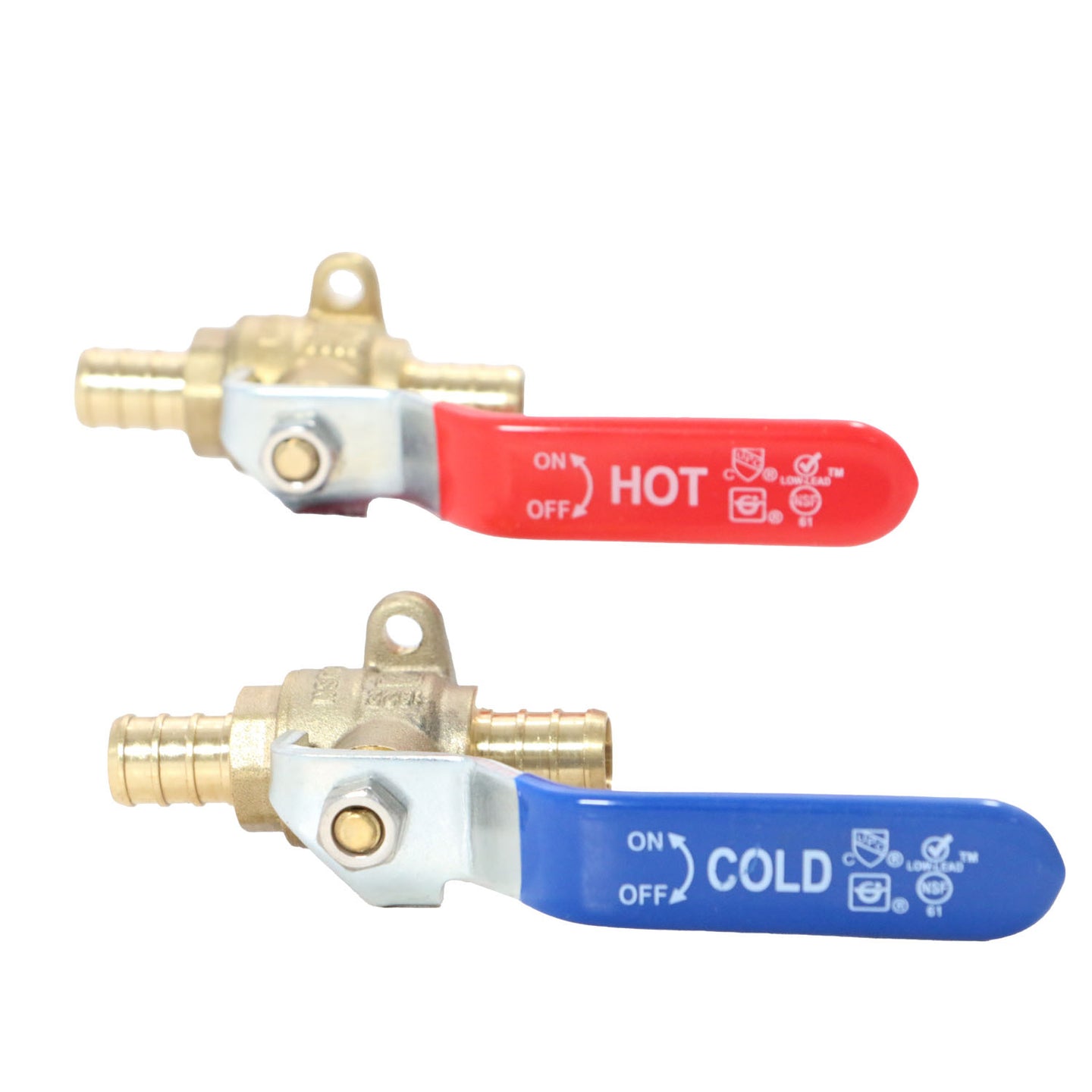 1/2 Inch PEX-B Barb Ball Valve With Drop Ear, Red and Blue