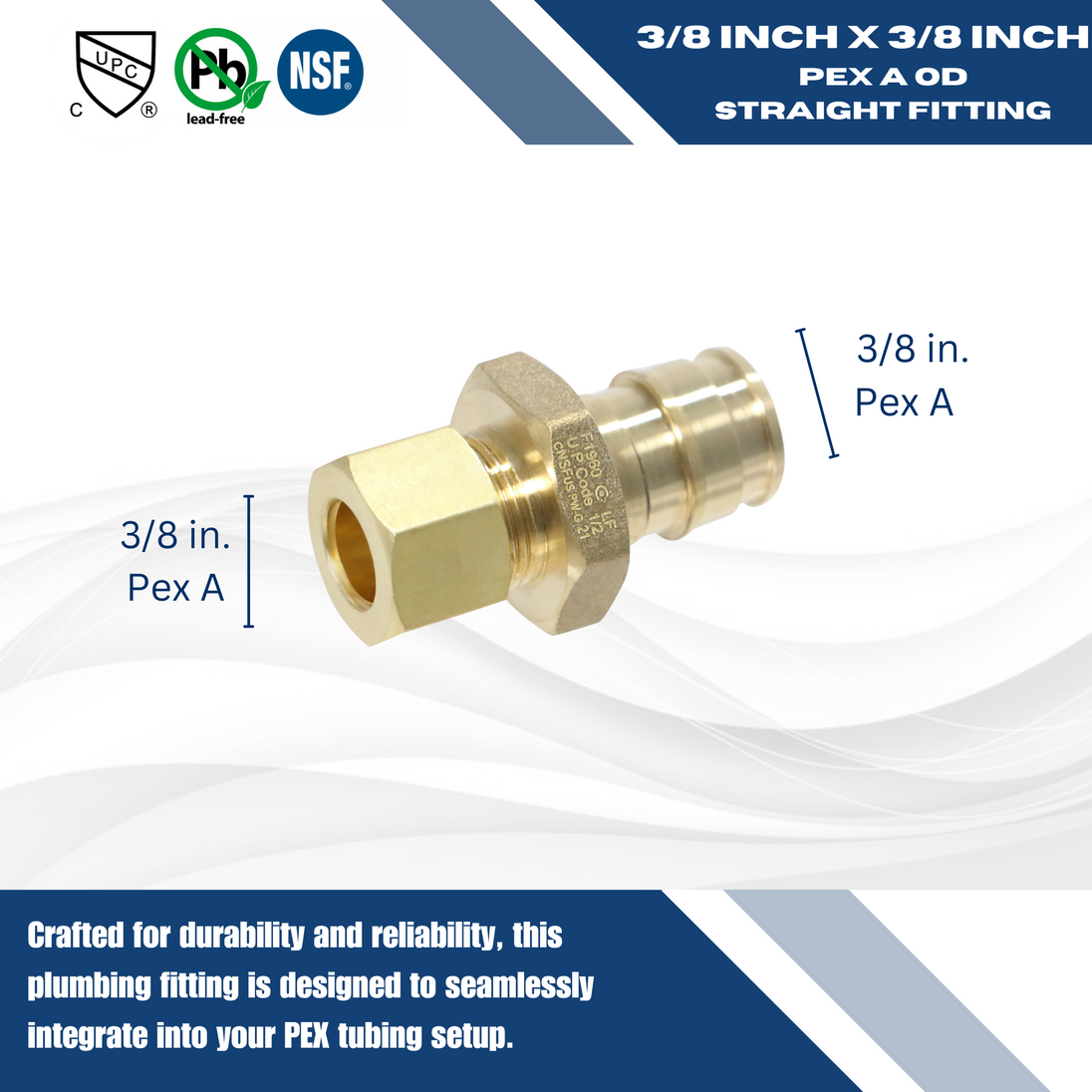 Pex-A Expansion 1/2 Inch x 3/8 Inch OD Straight Expansion Straight Transition Adapter
