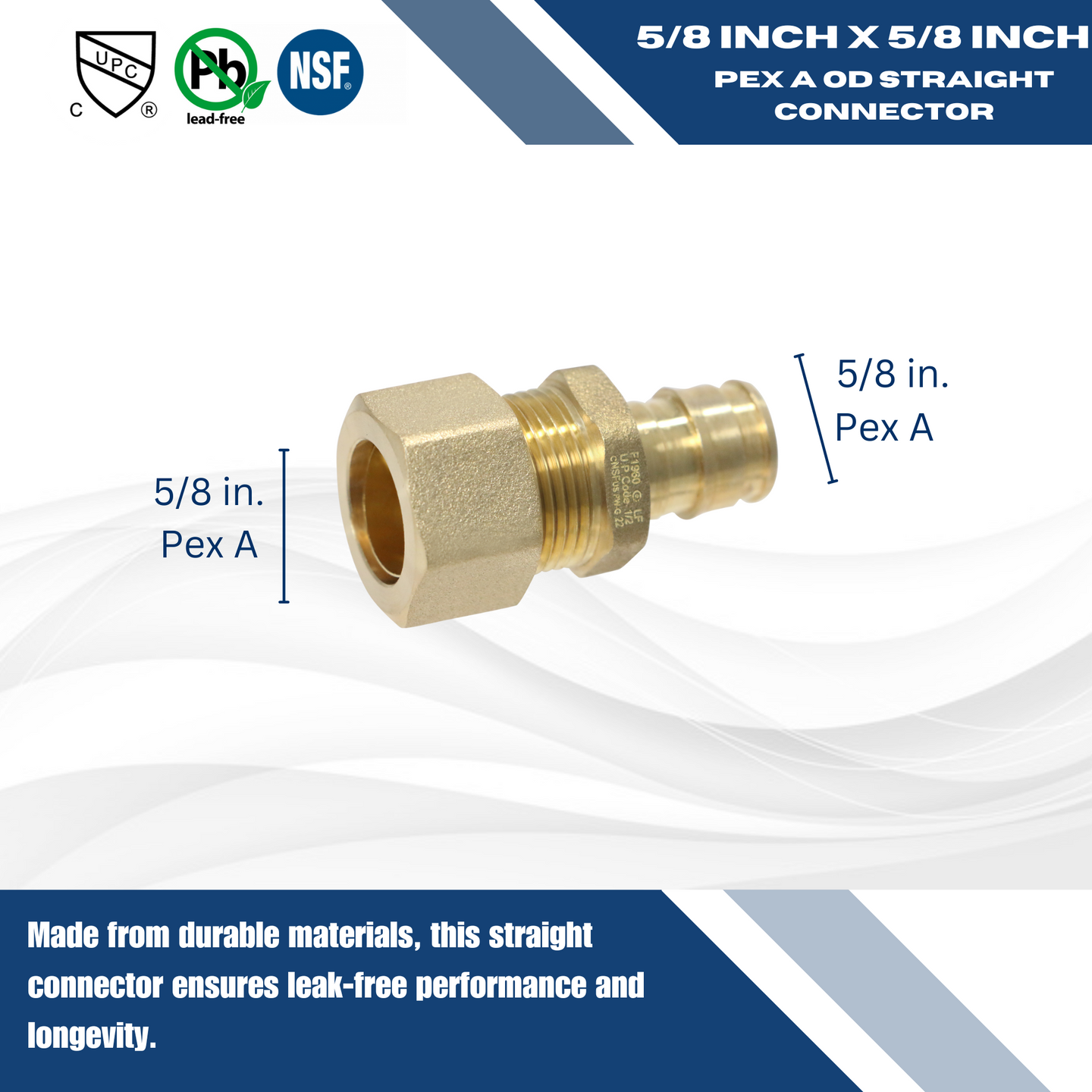 Pex-A Expansion 1/2 Inch x 5/8 Inch OD Straight Expansion Straight Transition Adapter