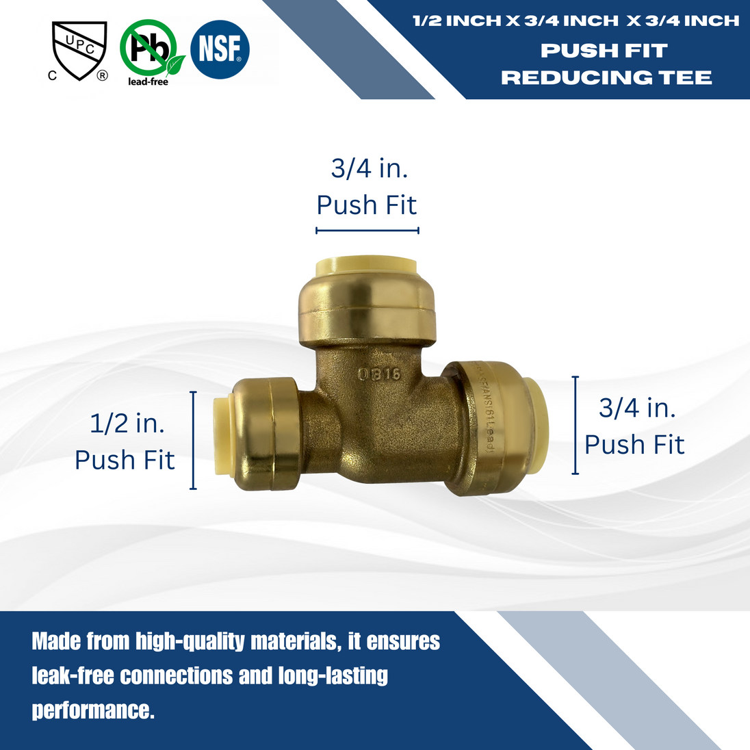 3/4 Inch x 1/2 Inch x 3/4 Inch Push-to-Connect Tee