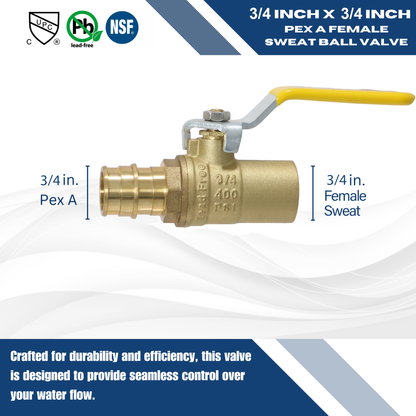 Pex A Expansion Female Sweat Ball Valve Measuring 3/4" x 3/4" Pex A Expansion Female Sweat Ball Valve Specifically Pex A Expansion Female Sweat Ball Valve