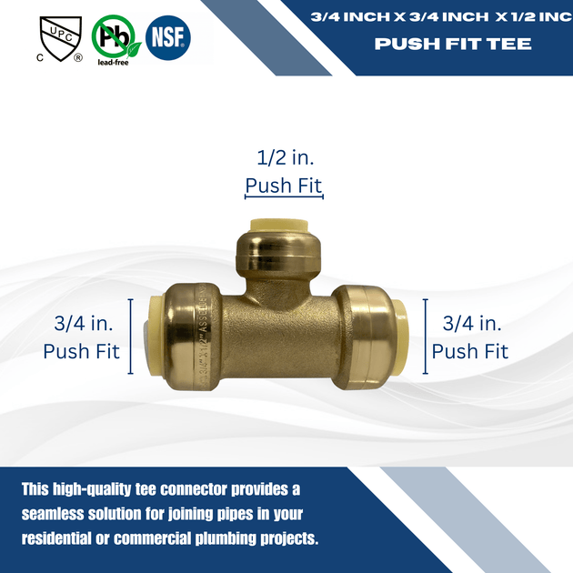 3/4 Inch x 3/4 Inch x 1/2 Inch Push-to-Connect Tee