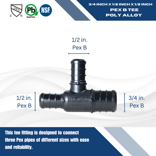3/4 Inch X 1/2 Inch X 1/2 Inch PEX-B Barb Crimp Poly Alloy Tee