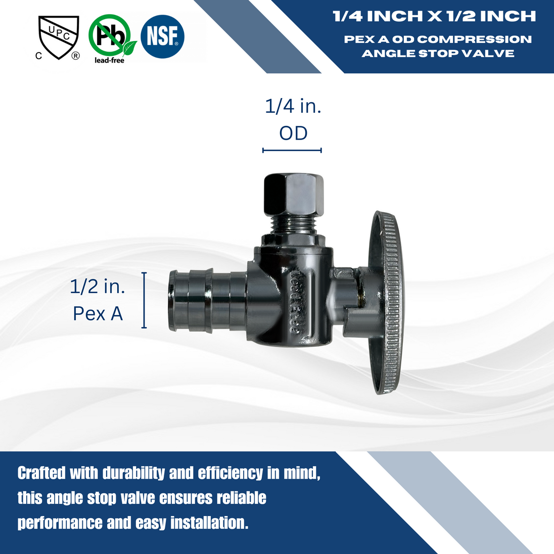 Pex-A Expansion 1/2 Inch x 1/4 Inch OD Compression Angle Stop Valve