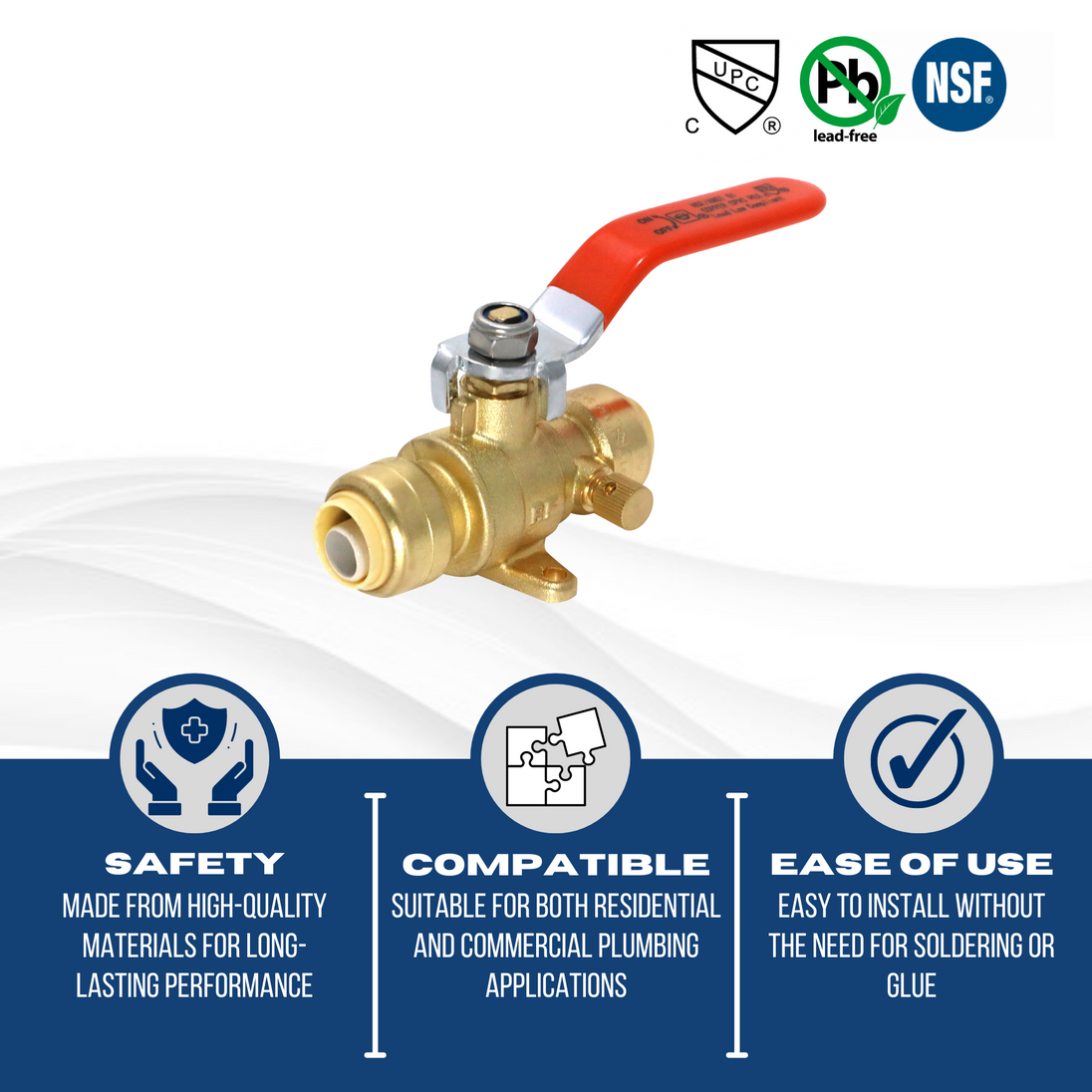 1/2 Inch Push-to-Connect Ball Valve with Drain and Drop Ear