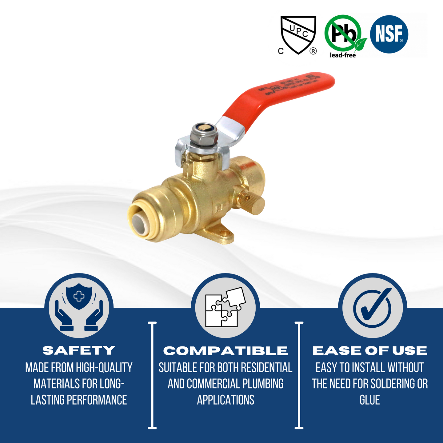1/2 Inch Push-to-Connect Ball Valve with Drain and Drop Ear