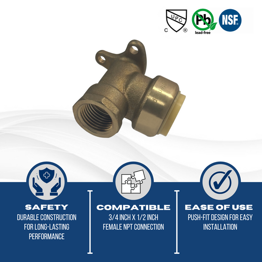 Push-to-Connect 3/4 Inch x 1/2 Inch Female Elbow with Drop Ear
