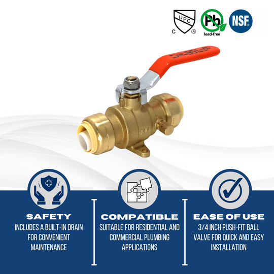 3/4 Inch Push-to-Connect Ball Valve with Drain and Drop Ear