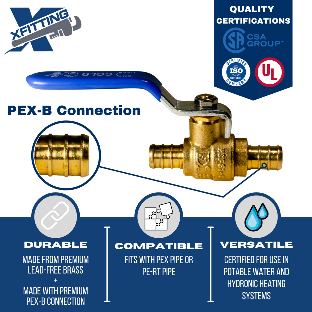 1/2 Inch PEX-B Barb Crimp Ball Valve Cold(Blue)