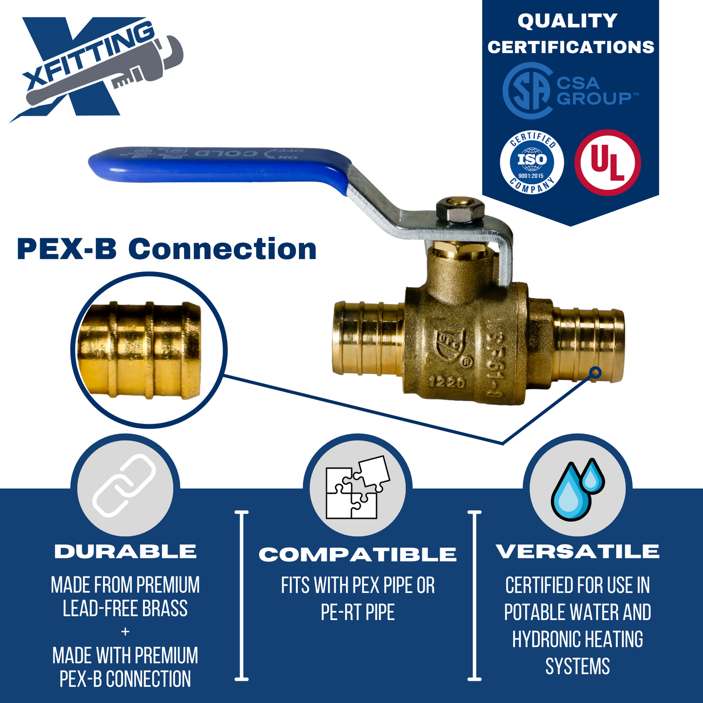 3/4 Inch PEX-B Barb Crimp Ball Valve Cold (Blue)