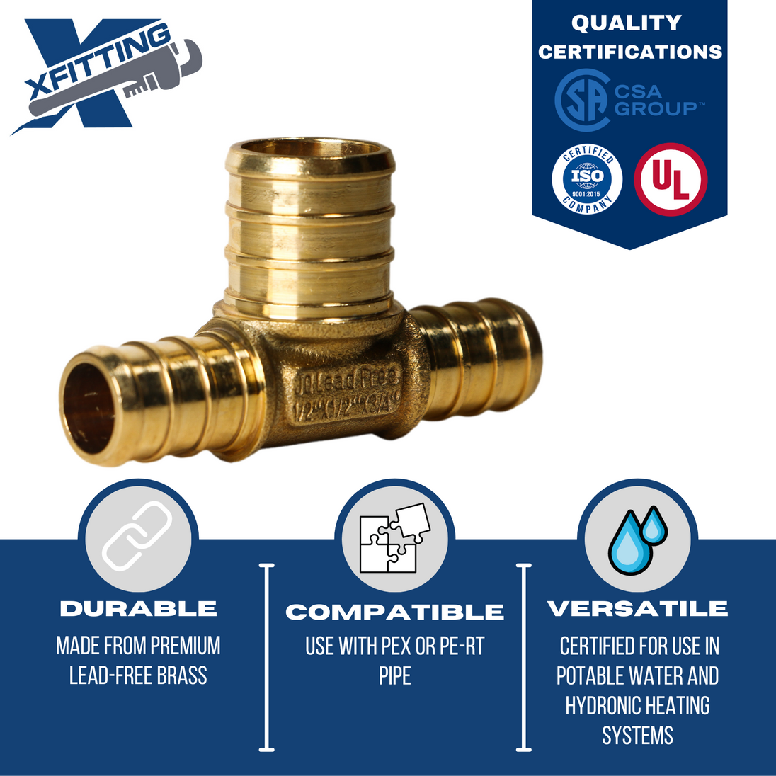 1/2 Inch x 1/2 Inch x 3/4 Inch PEX-B Barb Crimp Reducing Tee