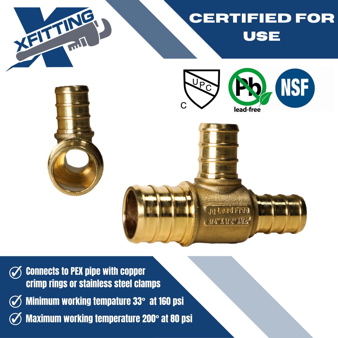 3/4 Inch x 1/2 Inch x 1/2 Inch PEX-B Barb Crimp Reducing Tee