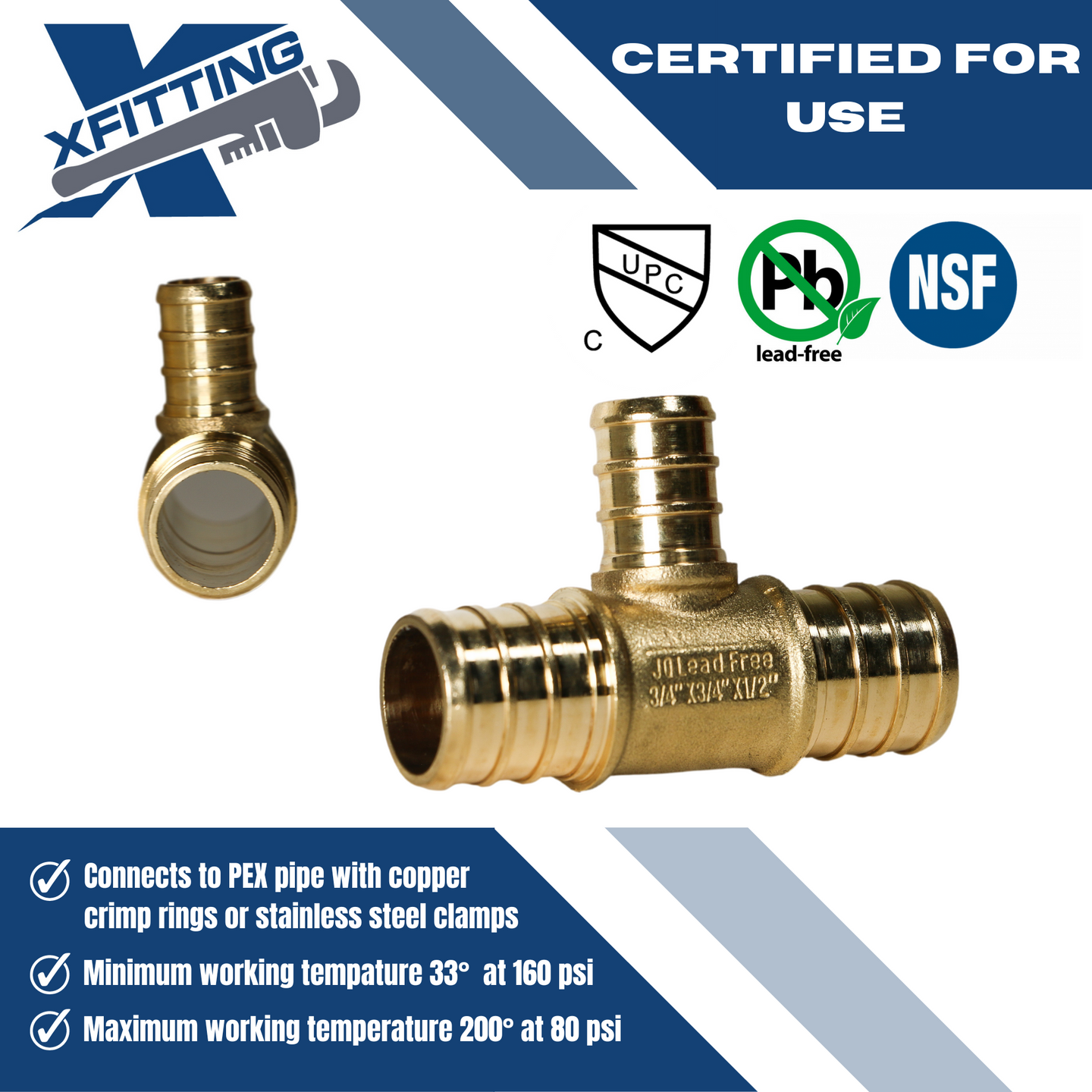 3/4 Inch x 3/4 Inch x 1/2 Inch PEX-B Barb Crimp Reducing Tee