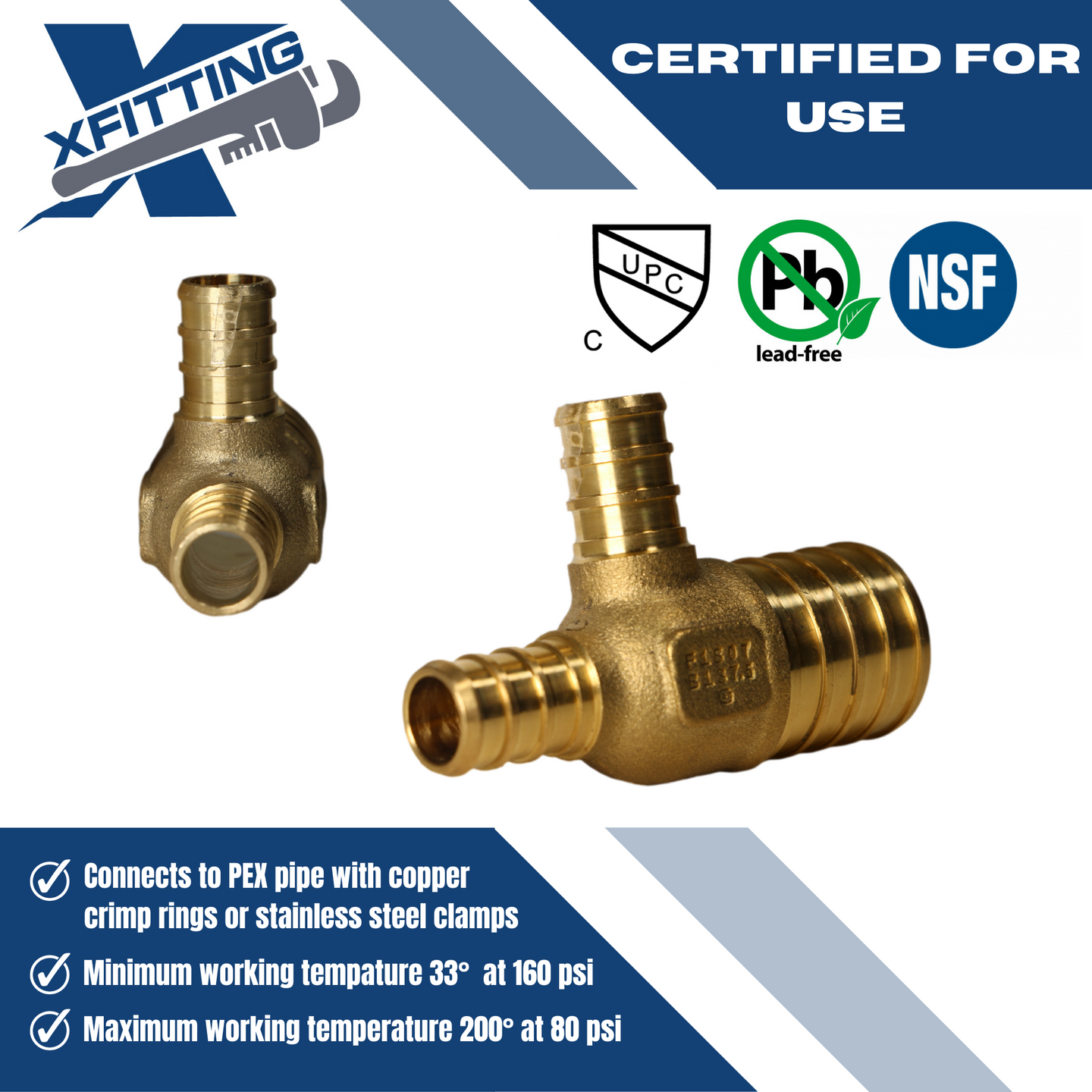 1 Inch x 1/2 Inch x 1/2 Inch PEX-B Barb Crimp Reducing Tee