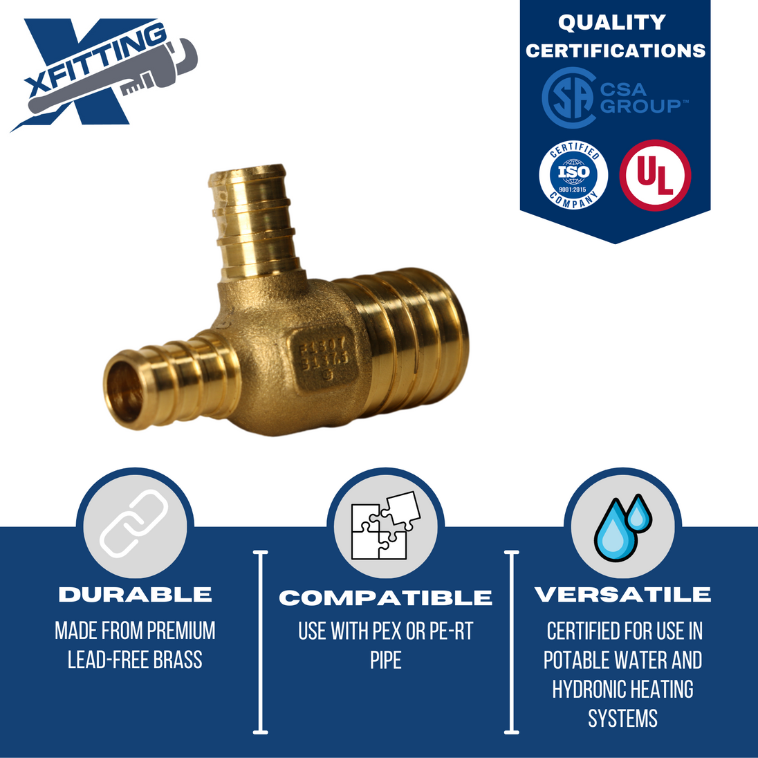1 Inch x 1/2 Inch x 1/2 Inch PEX-B Barb Crimp Reducing Tee