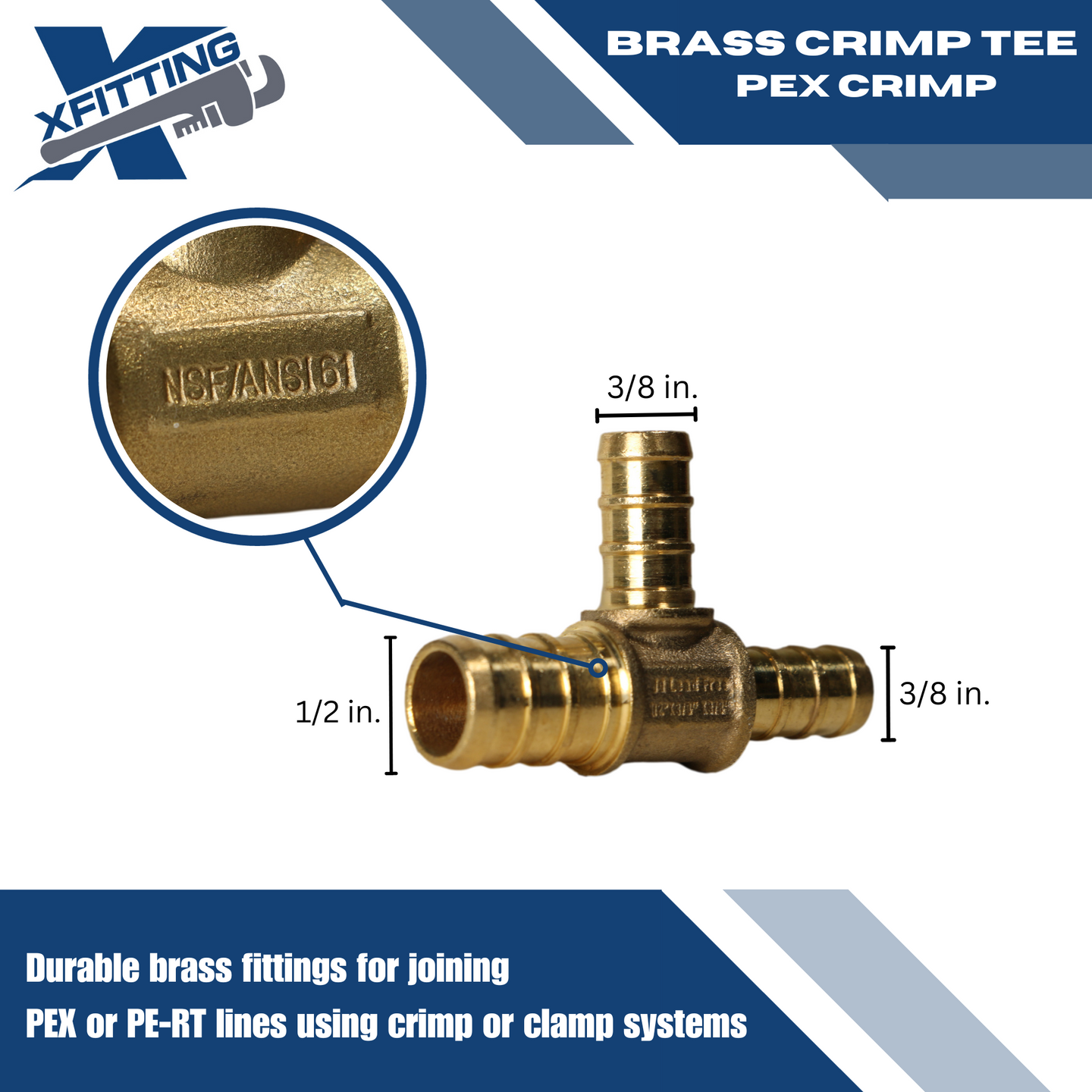 1/2 Inch x 3/8 Inch x 3/8 Inch PEX-B Barb Crimp Reducing Tee