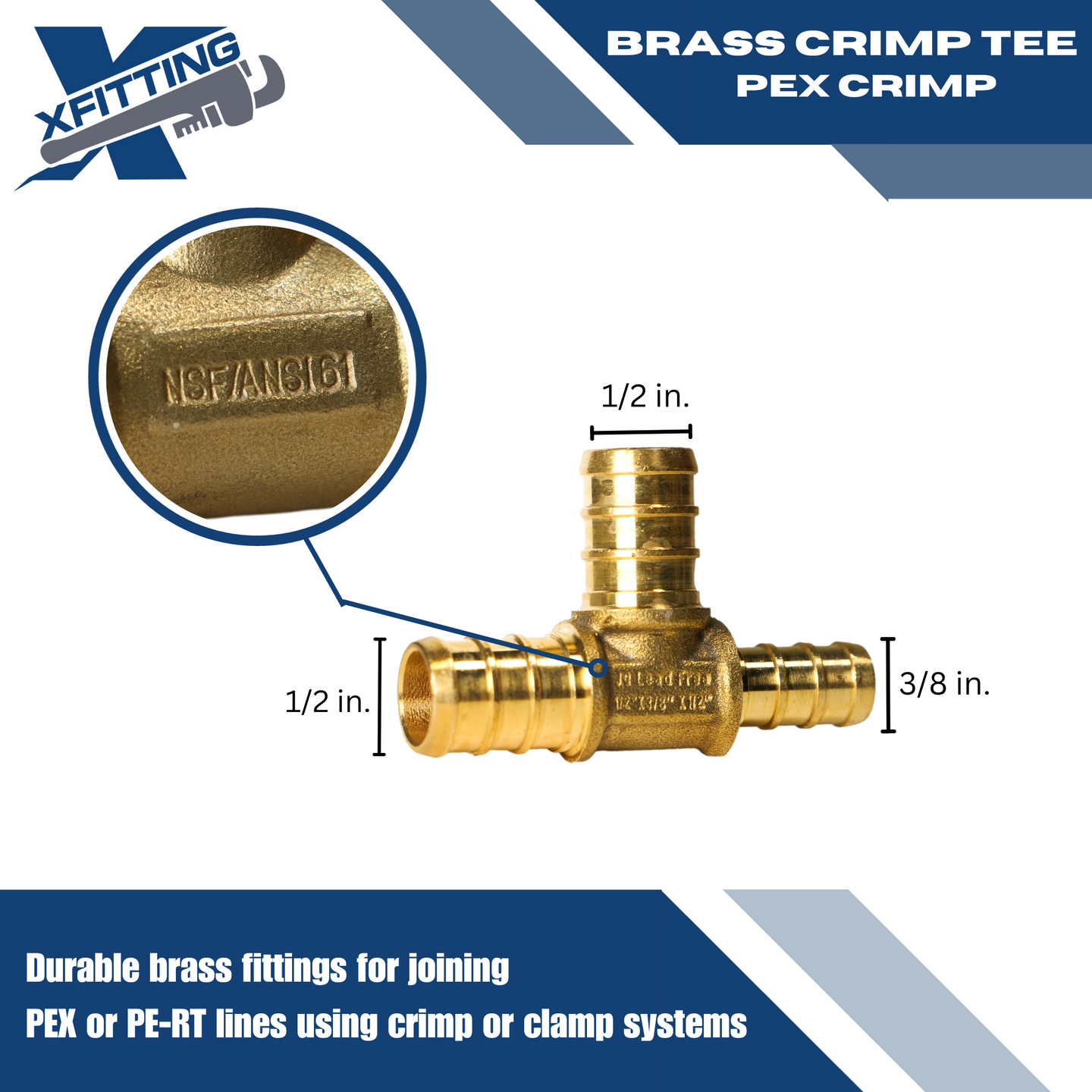 1/2 Inch x 3/8 Inch x 1/2 Inch PEX-B Barb Crimp Reducing Tee