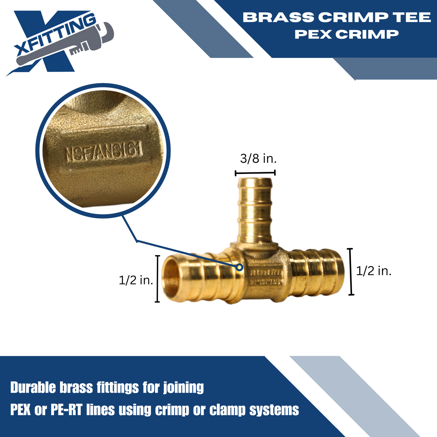 1/2 Inch x 1/2 Inch x 3/8 Inch PEX-B Barb Crimp Reducing Tee
