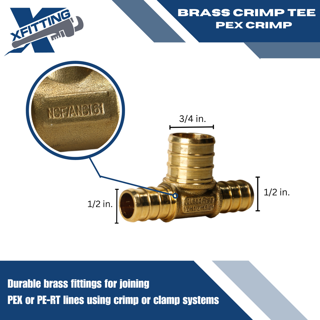 1/2 Inch x 1/2 Inch x 3/4 Inch PEX-B Barb Crimp Reducing Tee