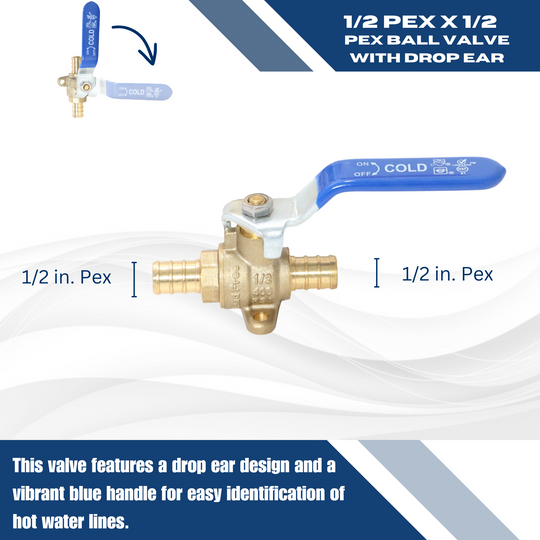 1/2 Inch PEX-B Barb Ball Valve With Drop Ear Blue Handle