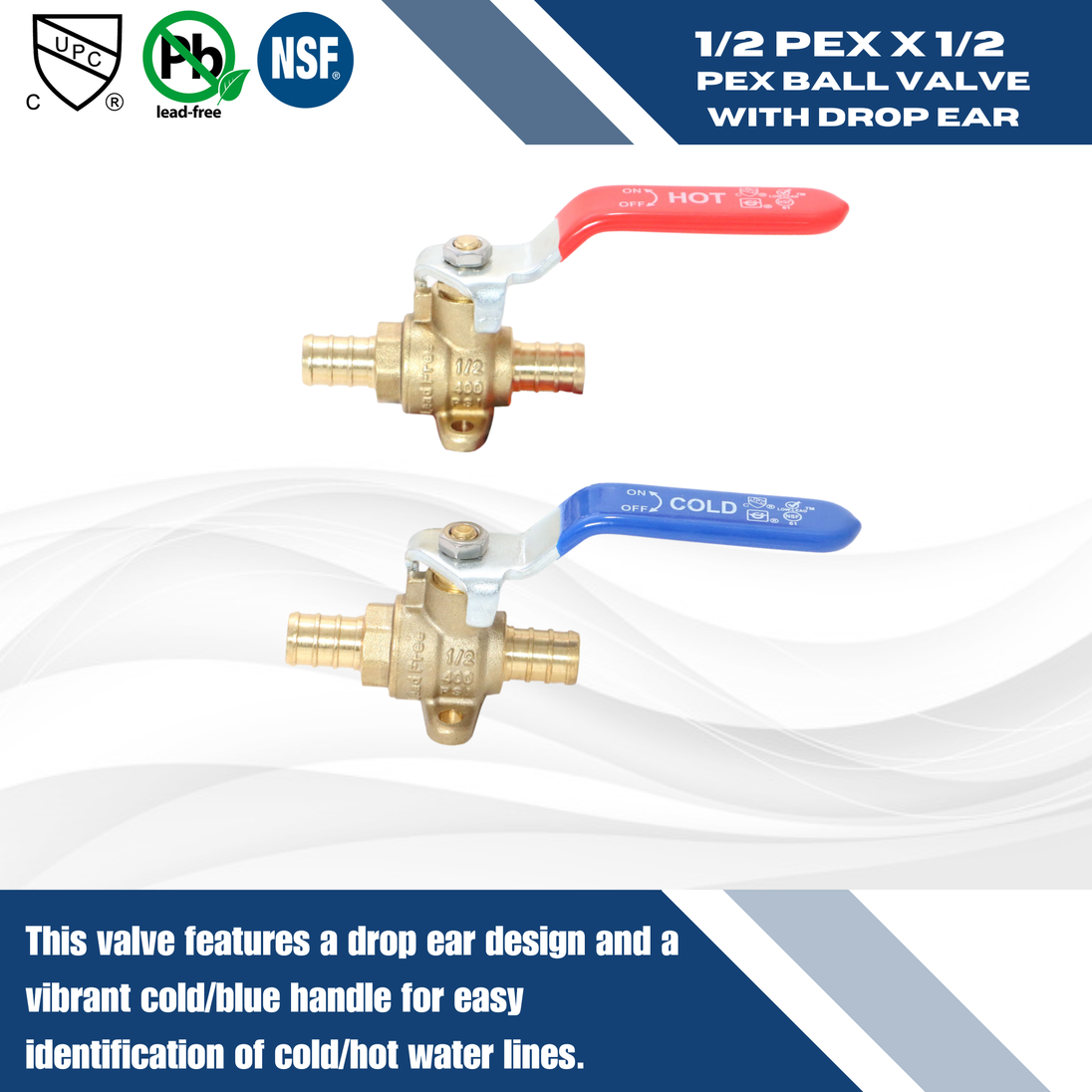 1/2 Inch PEX-B Barb Ball Valve With Drop Ear, Red and Blue