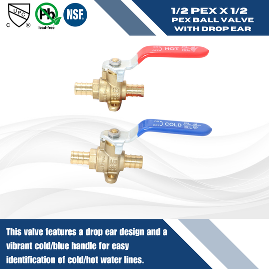1/2 Inch PEX-B Barb Ball Valve With Drop Ear, Red and Blue