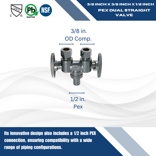 3/8 Inch OD Compression x 3/8 Inch OD Compression x 1/2 Inch  PEX-B Barb Dual Straight Valve