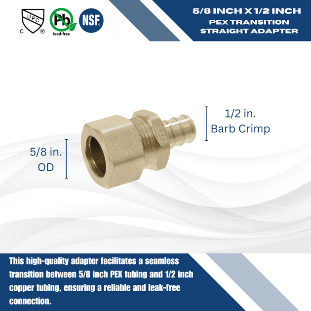 1/2 Inch PEX-B Barb x 5/8 Inch OD Compression Transition Straight Adapter