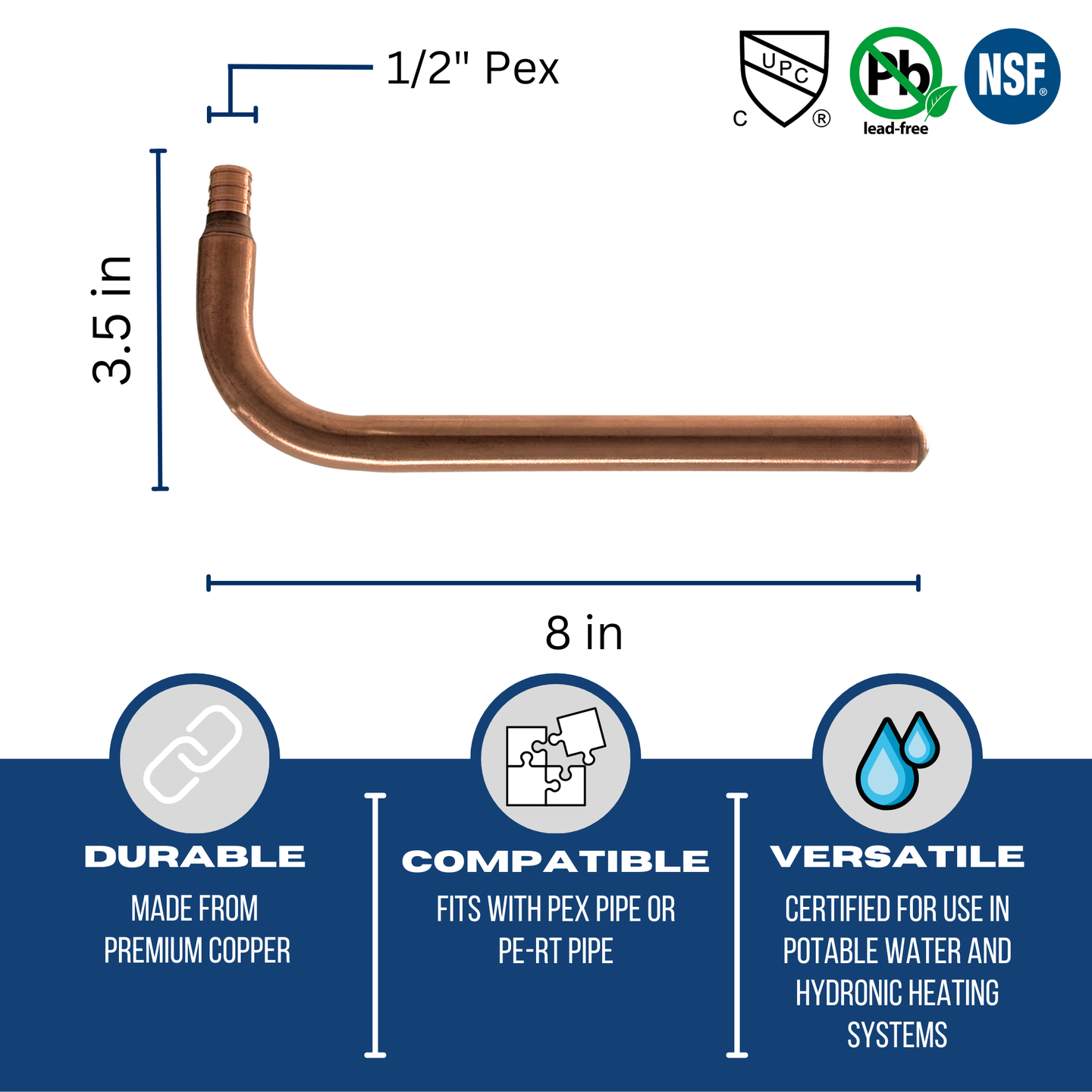 1/2 inch PEX-B Barb Stub Out Elbow, 3-1/2 inch x 8 inch