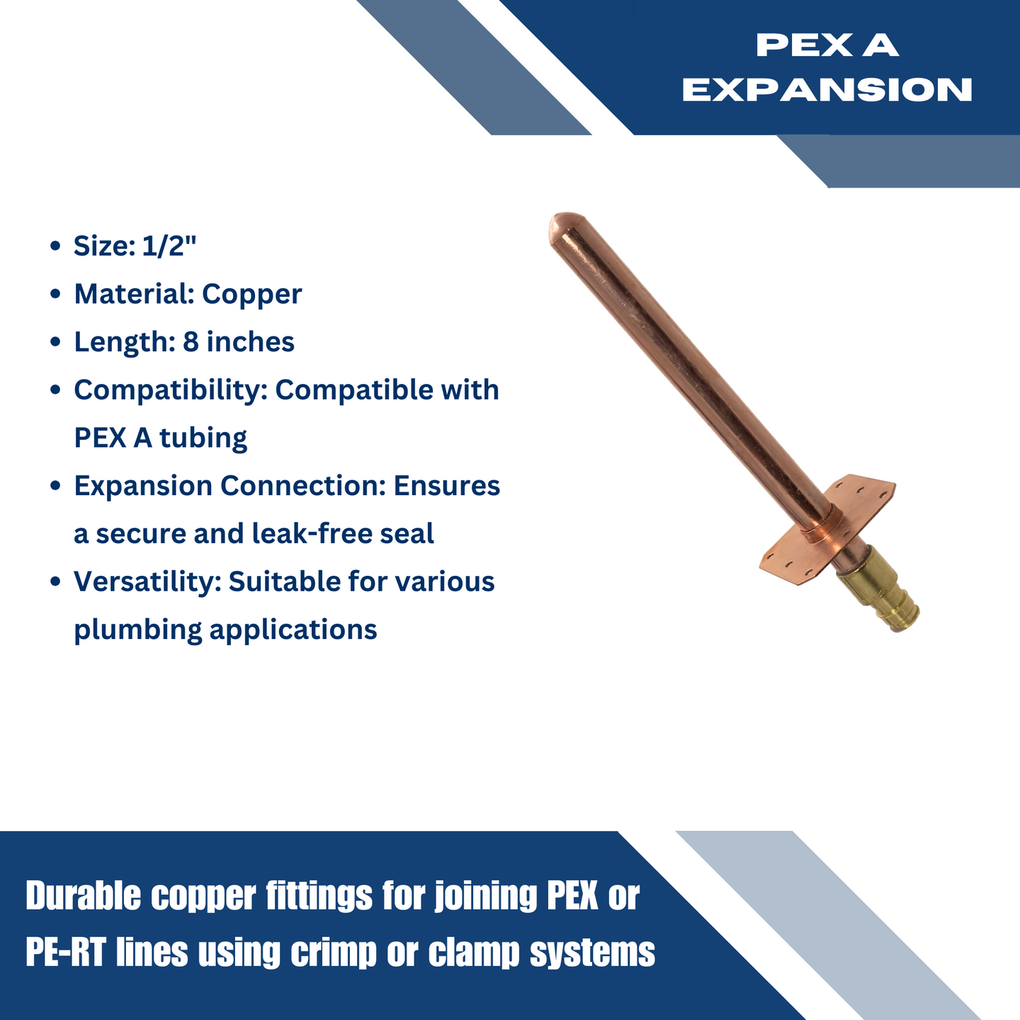 1/2 inch Pex-A Expansion Stub Out Straight with Flange 8 Inch Long